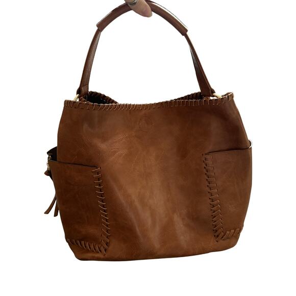 Leather Handbag Tote Purse Large Zip Pockets Gold Rings Boho Chic Oversized - Picture 1 of 8